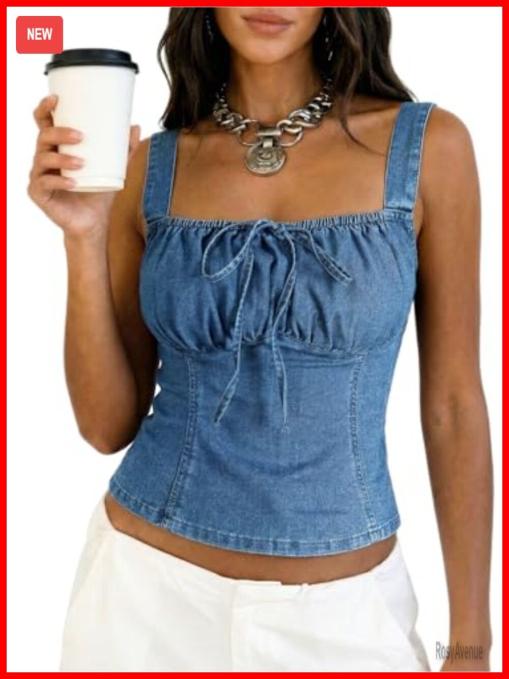 Denim Corset Top Womens Square Neck Smocked Back Bow Sleeveless